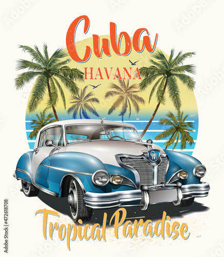 Typografia Kuby do nadruku na koszulce ze słońcem, plażą i samochodem retro. Plakat w stylu vintage.