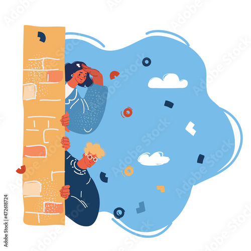 Vector illustration of man and Woman Looking Out From Behind wall
