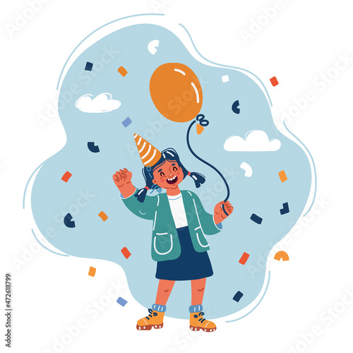 Vector illustration of little girl with air balloon celebrate