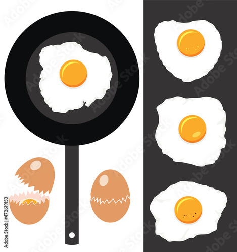 vector collection of cracked eggs, fried eggs and frying pan