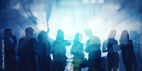 Double exposure of business people joining hands