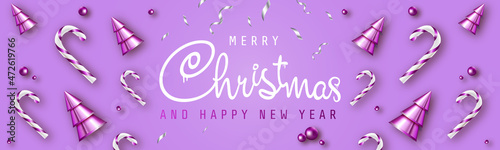 Christmas web banner. Xmas design with realistic decoration purple candy cane, 3d violet сhristmas tree. Horizontal festive New year poster, headers for website
