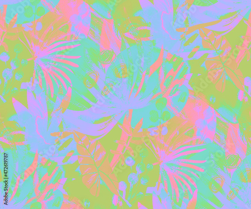 Multicolored abstract botanical summer background. Seamless pattern with abstract tropical branches for textile and surface design