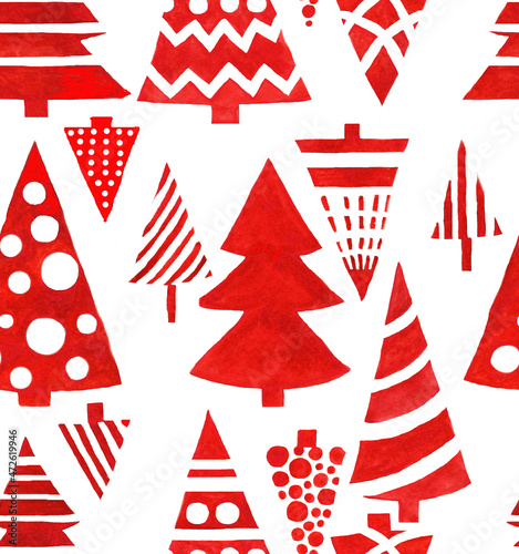 Christmas trees red decoration isolated on white background seamless pattern for all prints.