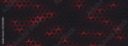 Canvastavla Dark wide hexagon abstract technology futuristic background with red bright energy flashes