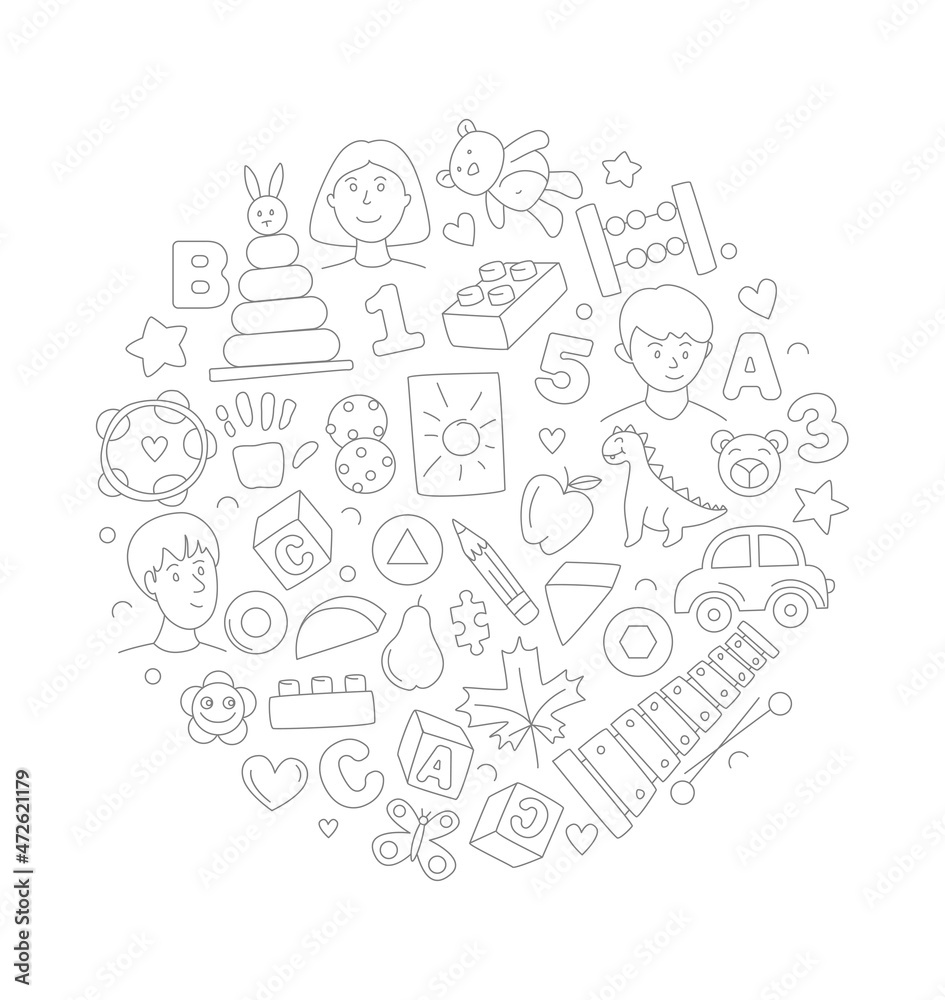 Preschool kindergarten Educational toys doodle line vector illustration pattern shape