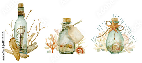 Collection of watercolor compositions isolated on a white background. Bottles with a message, corals, seashells, driftwood and other marine wonders.