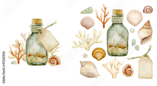 Set of watercolor driftwood, seaweed, seashells and other interesting marine finds. And a composition of driftwood and a message in a bottle. photo