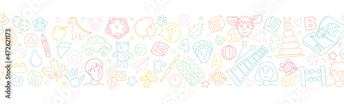 Preschool kindergarten Educational toys doodle line vector illustration seamless pattern.