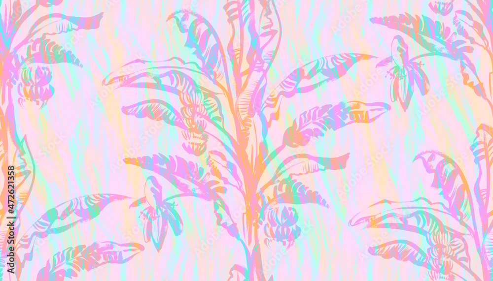 purple summer seamless pattern with a banana palm with tropical leaves drawn with a dry brush in colorful pastel shades for textile purple summer seamless pattern with a banana palm with tropical leaves drawn with a dry brush in colorful pastel shades for textile
