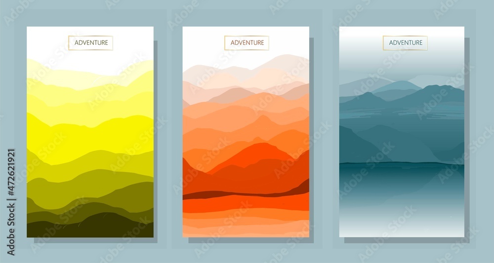 Vector abstract background set. Minimalistic style. Flat concept. Collection of 3 landscapes. Clouds by the water, autumn in the mountains,, the northern coast at night. Cover template. User interface Vector abstract background set. Minimalistic style. Flat concept. Collection of 3 landscapes. Clouds by the water, autumn in the mountains,, the northern coast at night. Cover template. User interface