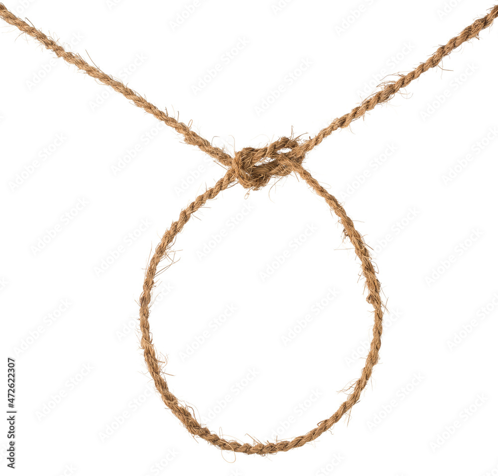 coconut coir fiber rope with knot and loop, handmade eco friendly waterproof string isolated on white background