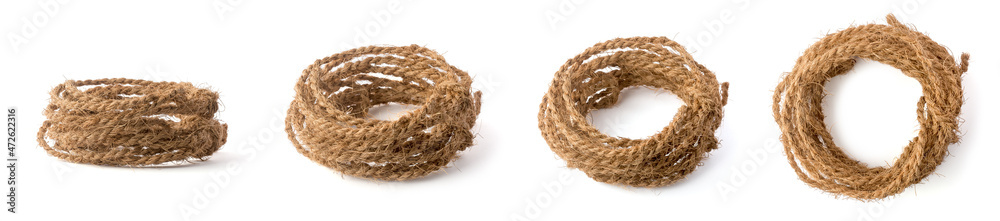 coconut coir fiber rope, handmade eco friendly waterproof strings collection different angles, isolated on white background