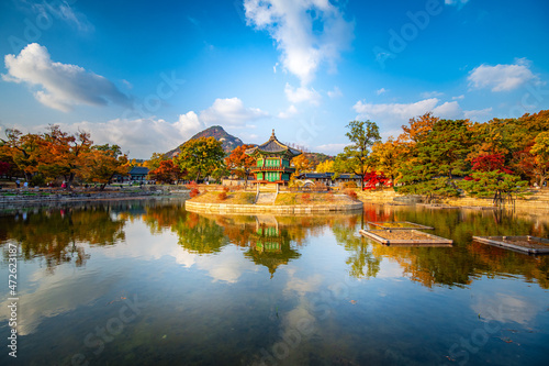 autumn landscape with lake at Gyeongbokgung palace Seoul South Korea.