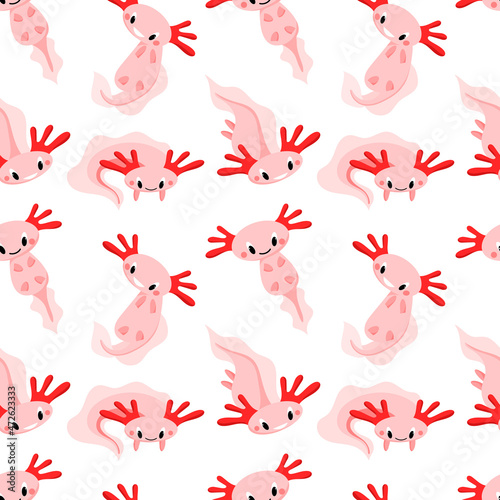 Vector pattern with cute pink axolotl, amphibian, marine animal, cartoon-style pattern on a white background. Children's pattern for fabrics, pajamas, dresses, posters.