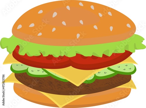 Illustration of a stylized hamburger or cheeseburger. Fast food food. Isolated on a white background.