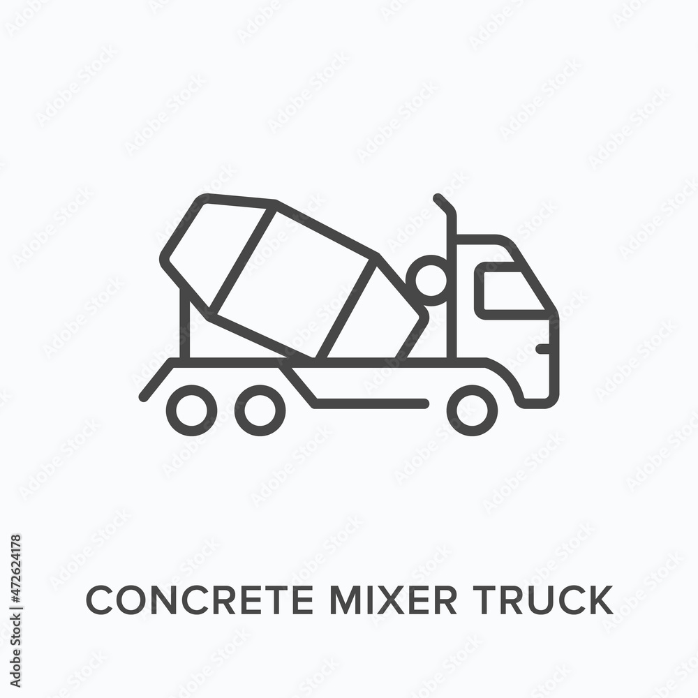 Concrete mixer truck flat line icon. Vector outline illustration of cement transportation. Black thin linear pictogram for building industry Concrete mixer truck flat line icon. Vector outline illustration of cement transportation. Black thin linear pictogram for building industry