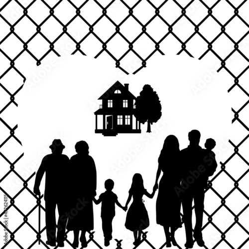 Silhouette family are migrating through barbed wire fence. International migrants day.