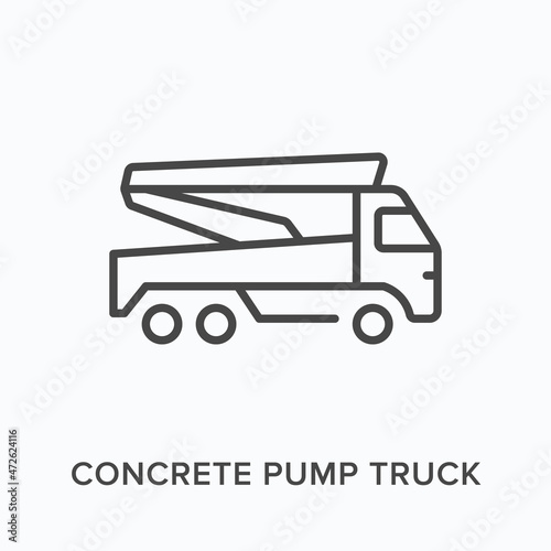 Concrete pump truck flat line icon. Vector outline illustration of construction transport equipment. Black thin linear pictogram for building industry