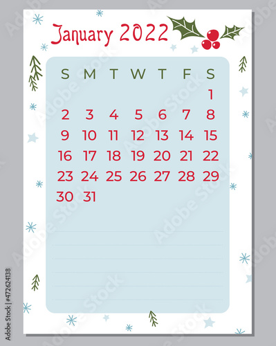 Calendar planner January 2022, calendar for print, holidays planner