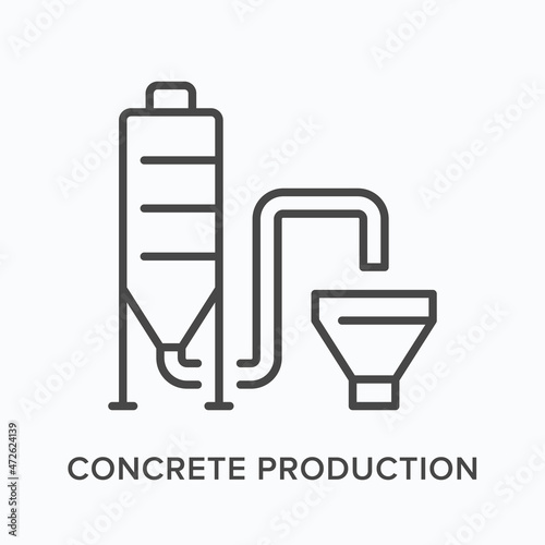 Concrete production flat line icon. Vector outline illustration of construction plant. Black thin linear pictogram for building industry