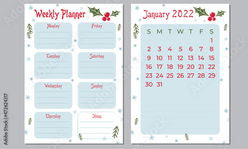 Weekly Planner. Calendar planner January 2022. Calendar for print. Holidays planner. Festive organizer.