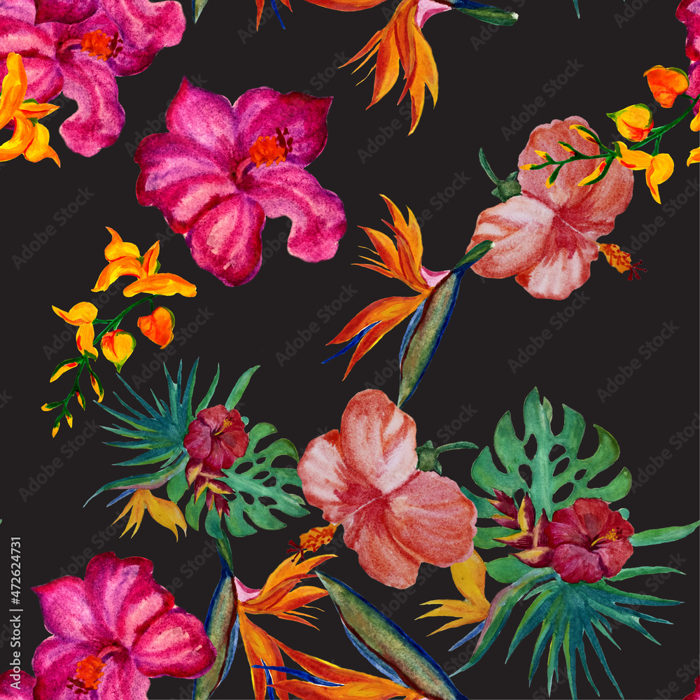Yellow Seamless Backdrop. Orange Hibiscus Background. Red Watercolor Plant. Colorful Tropical Illustration. Green Pattern Decor. Floral Wallpaper. Botanical Leaves.