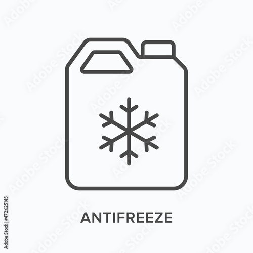 Antifreeze flat line icon. Vector outline illustration of jerrycan with snowflake. Black thin linear pictogram for car engine liquid photo