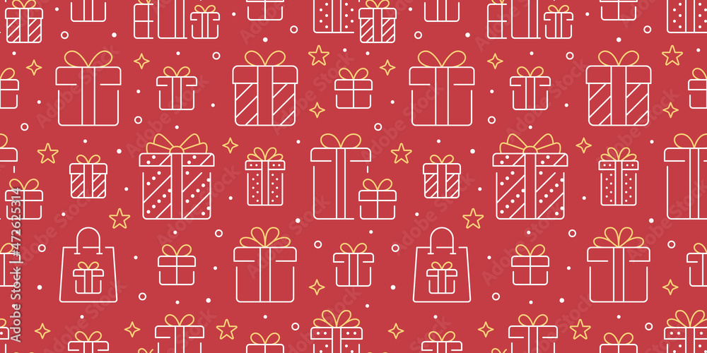 Gifts white and gold seamless pattern. Vector on red background included line icons as box, wrap, xmas, surprise, paper, handbag outline pictogram for christmas present