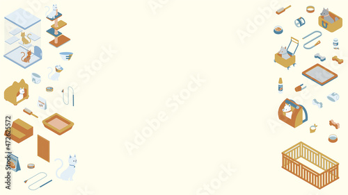 クレートやしつけグッズ等の犬と猫に関するグッズのアイソメイラスト