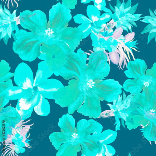 Green Watercolor Print. Blue Flower Garden. Mint Seamless Plant. Turquoise Hibiscus Plant. Pattern Wallpaper. Tropical Background.Fashion Design. Art Textile