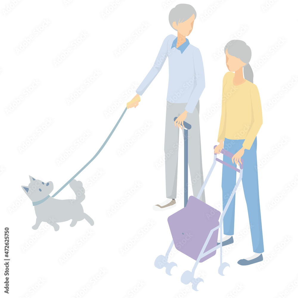 シニアの夫婦と散歩するペットの犬 シニアの夫婦と散歩するペットの犬