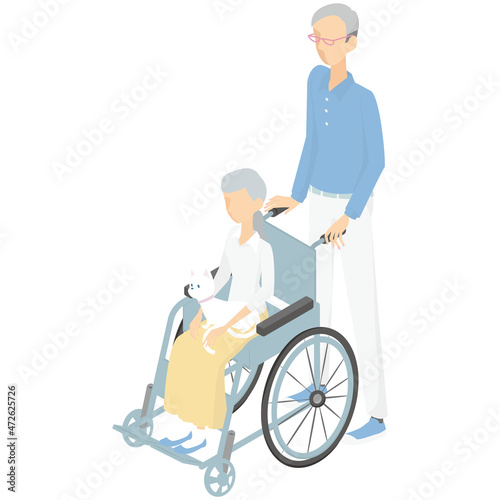 車椅子を押すシニア男性と車椅子に乗るシニア女性とペットの猫のアイソメ