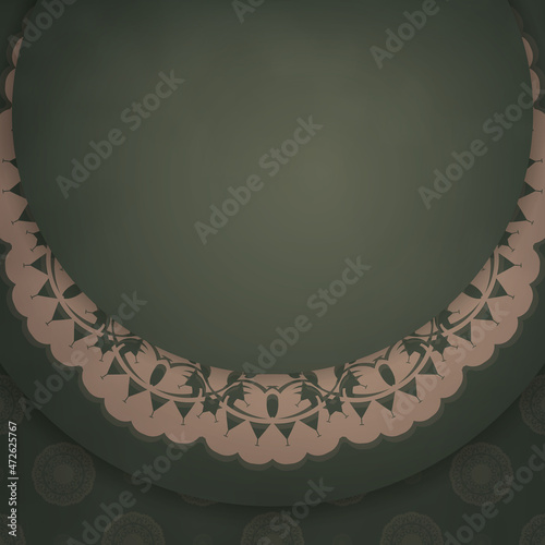 Template Greeting card of green color with mandala brown ornament prepared for printing.