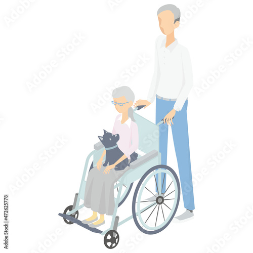 車椅子を押すシニア男性と車椅子に乗るシニア女性とペットの犬のアイソメ