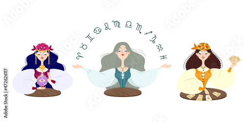 Set of fortune teller female characters. Cartoon illustration of a beautiful girls telling the future by seeing magic ball, zodiac signs and cards isolated on a white background. Vector 10 EPS. photo