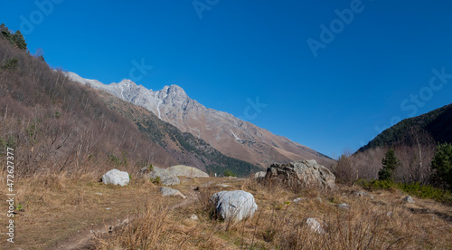 Scenic autumn mountain landscape, Digor Gorge, Northern Ossetia, Caucasus, Russia