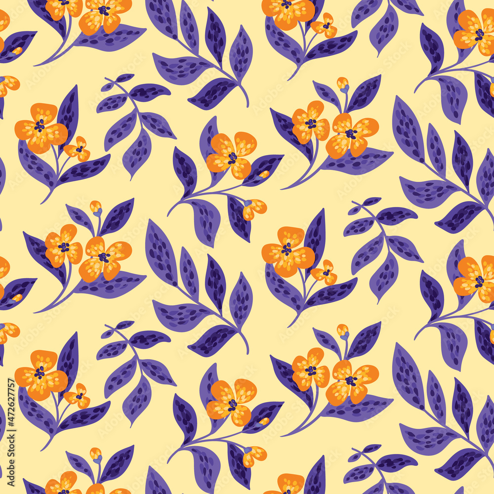 Seamless pattern with simple spotted flowers and leaves. Composition of falling blue twigs with yellow flowers on a light background. Hand-drawn floral print. Vector.