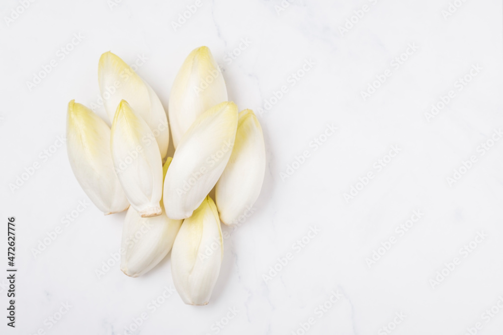 Fototapeta premium 1 kilo Raw chicory on a marble surface copy space right