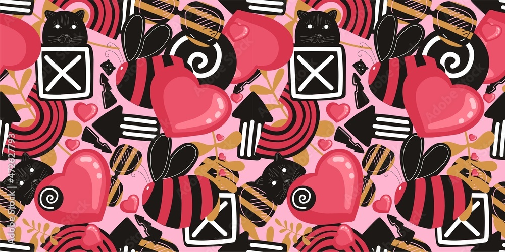 Naklejka premium Graffiti. Graffiti seamless pattern. Street style pattern. Urban style. Hearts. Hipster. Teenage design. Bright trendy digital paper