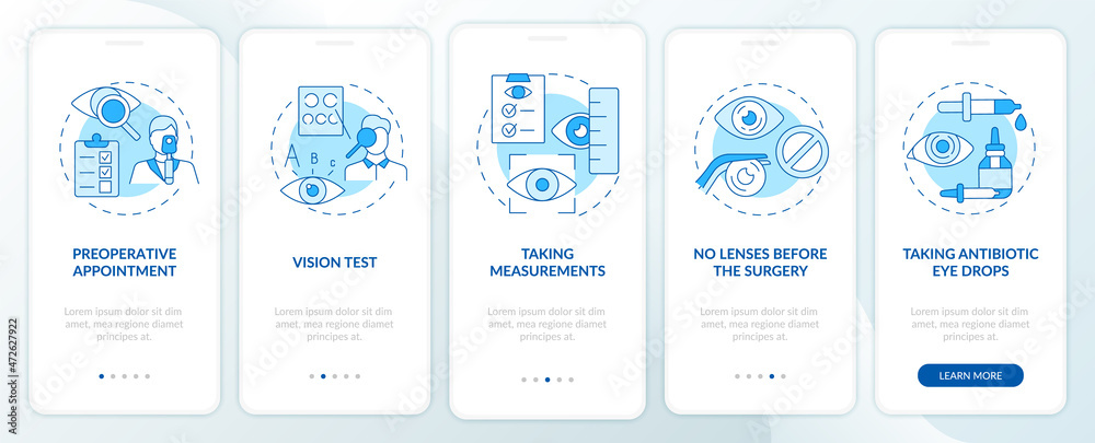 Fototapeta premium Prepare for laser eye surgery onboarding mobile app page screen. Prior procedure walkthrough 5 steps graphic instructions with concepts. UI, UX, GUI vector template with linear color illustrations
