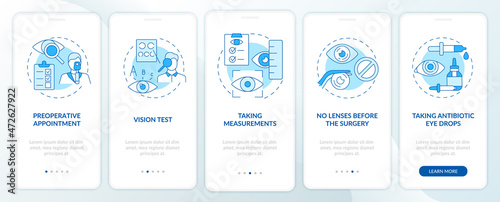 Prepare for laser eye surgery onboarding mobile app page screen. Prior procedure walkthrough 5 steps graphic instructions with concepts. UI, UX, GUI vector template with linear color illustrations
