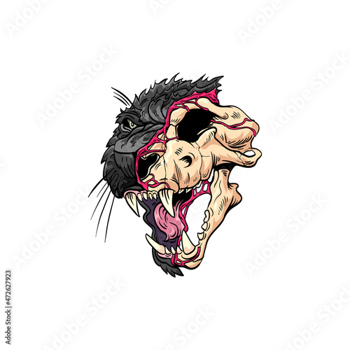 Mascot logo panther head half skull roar, hand drawn sketch. Sticker design template. T-shirt print project. Artwork vector illustration for fashion industry. 