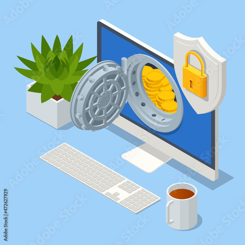 Isometric money from cloud computing, online and secure payment analysis. Blockchain technology, cryptocurrency mining, finance, digital money market, cryptocoin wallet, digital wallet application