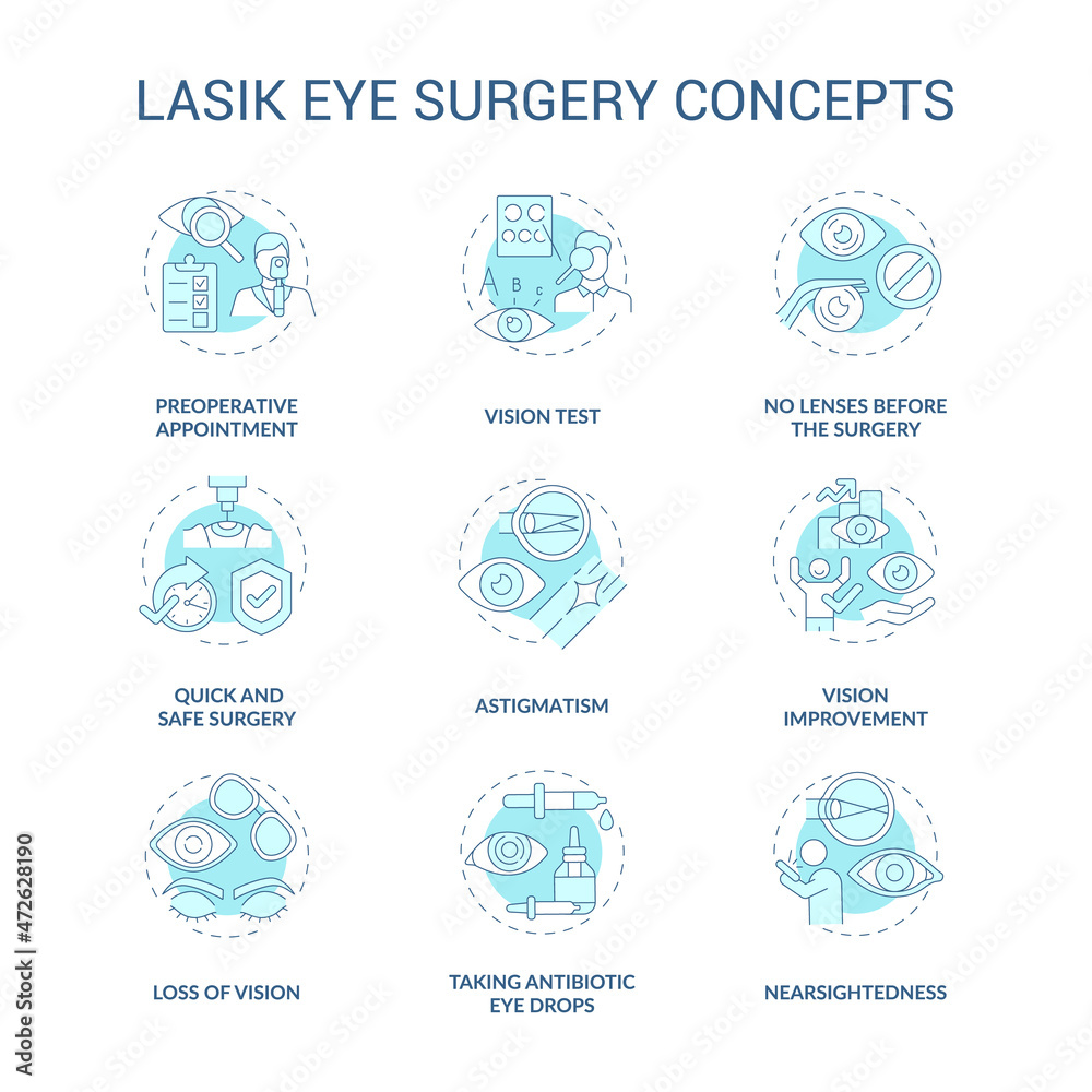Laser eye surgery blue concepts concept icons set. Better eyesight. Ophthalmologist vision treatment idea thin line color illustrations. Vector isolated outline drawings. Editable stroke