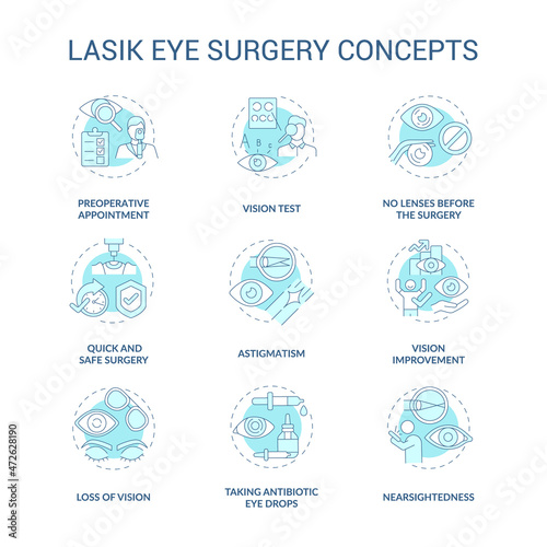 Laser eye surgery blue concepts concept icons set. Better eyesight. Ophthalmologist vision treatment idea thin line color illustrations. Vector isolated outline drawings. Editable stroke