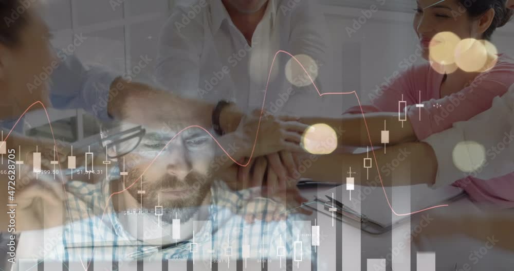 Animation of financial data processing over business people stacking hands in meeting