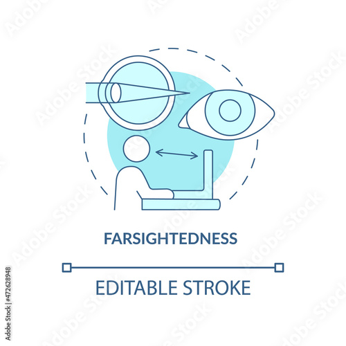 Farsightedness blue concept icon. Common vision condition. Issues to treat with the laser surgery abstract idea thin line illustration. Vector isolated outline color drawing. Editable stroke