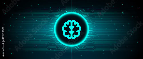 Brain blue glowing neon on security cyber connection technology background.