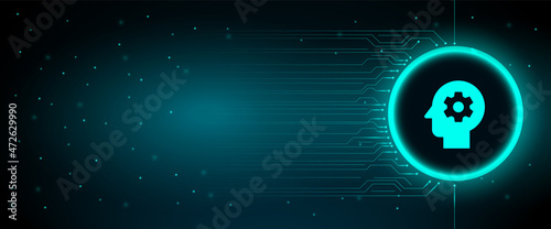 Brain  blue glowing neon on security cyber connection technology background.